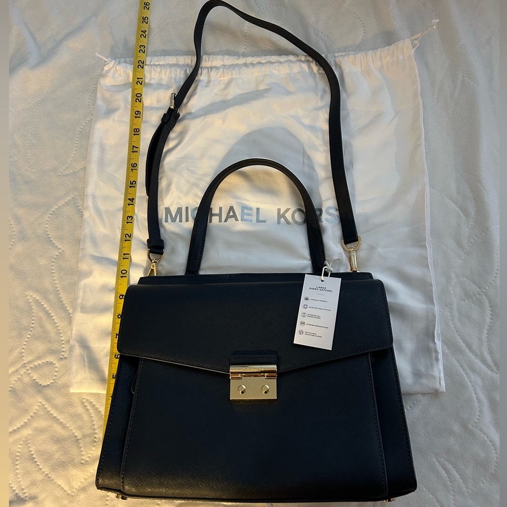 Michael Kors Navy Leather Essex Satchel with Gold Accents